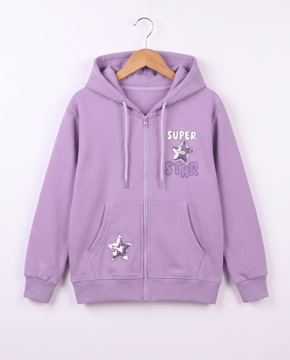 6264345 Süper Star Baskılı Fermuarlı Üç İplik Şardonlu Sweat LİLA