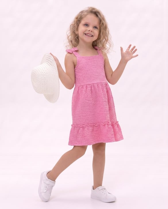 6323 Askılı Hasır Şabpa Hediyeli Askılı Gofre Elbise PEMBE