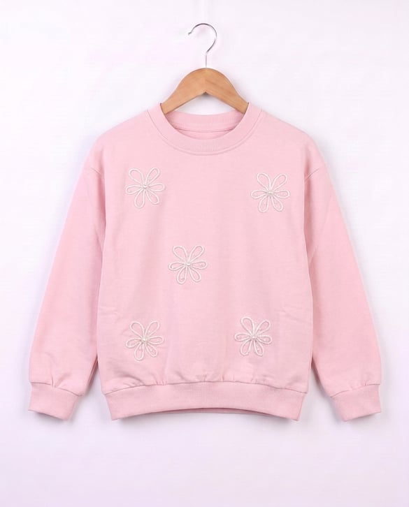 6324 Çiçek Nakışlı İncili Sweat PEMBE