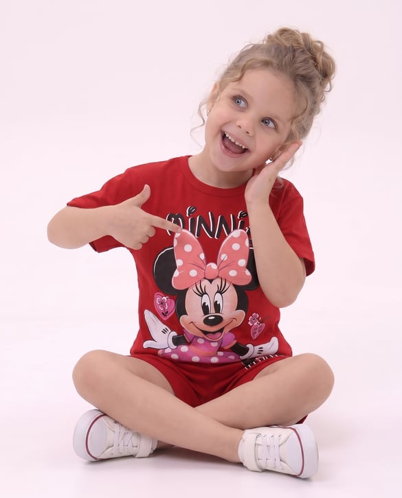 6594 Minnie Baskılı Kız Çocuk Şortlu İkili Takım KIRMIZI