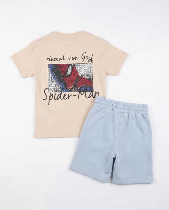 80610 Spiderman Baskılı Şortlu İkili Erkek Çocuk Takım KREM