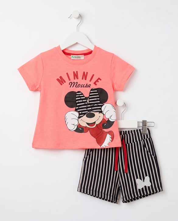 81401 Minnie Mause Baskılı Çizgli Şortlu İkili Kız Çocuk Takım PEMBE