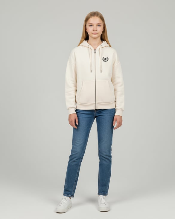 8264266 W Nakışlı Üç Ülik Şardonlu Fermuarlı Sweat KREM
