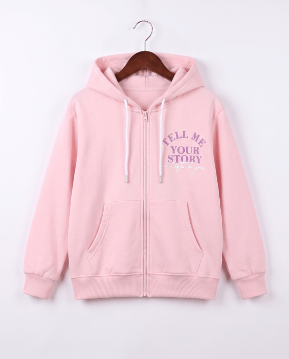 8264342 Tell Me Your Story Baskılı Fermuarlı Üç İplik Şardonlu Sweat PEMBE