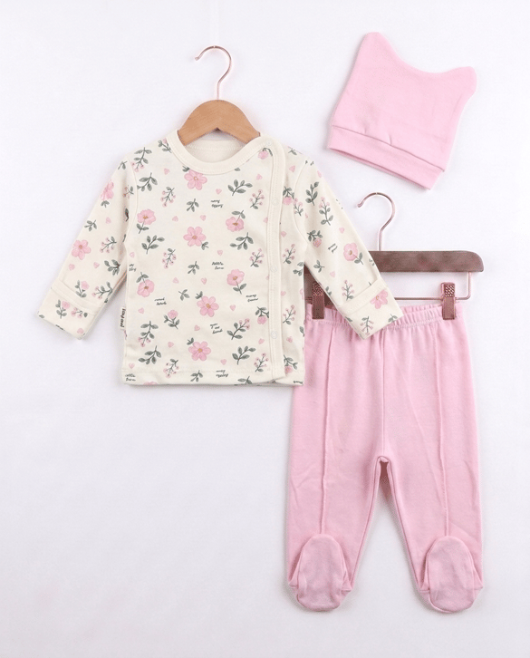 9460 Papatya Desenli Kendinden Eldivenli Üçlü Bebe Zıbın Takım PEMBE