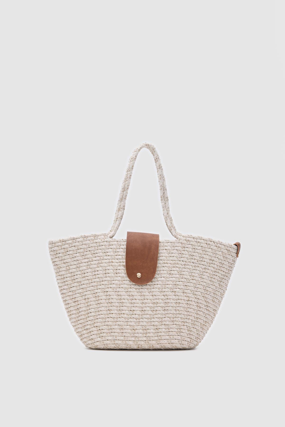 Duffy Kapaklı Handmade Hasır Tote Çanta Ekru