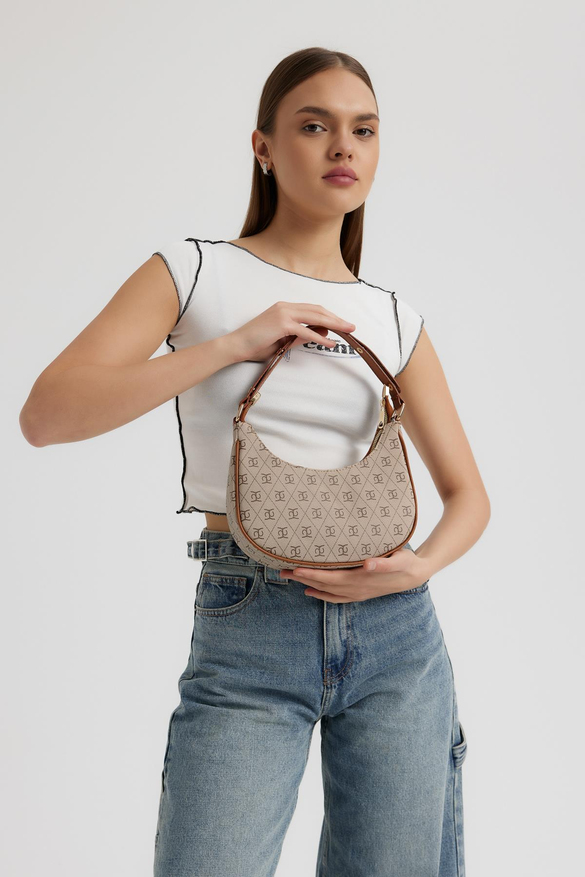 Desenli Oval Baget Çanta Westa Taba