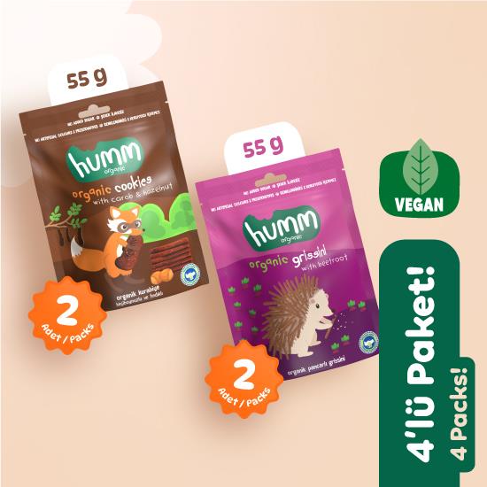 Organik Vegan Tatlı Kurabiye Tuzlu Grissini Atıştırmalık Paketi 4 adet (2 çeşit) görseli.