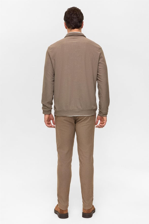 Açık Kahve Regular Düz Polo Yaka Sweatshirt