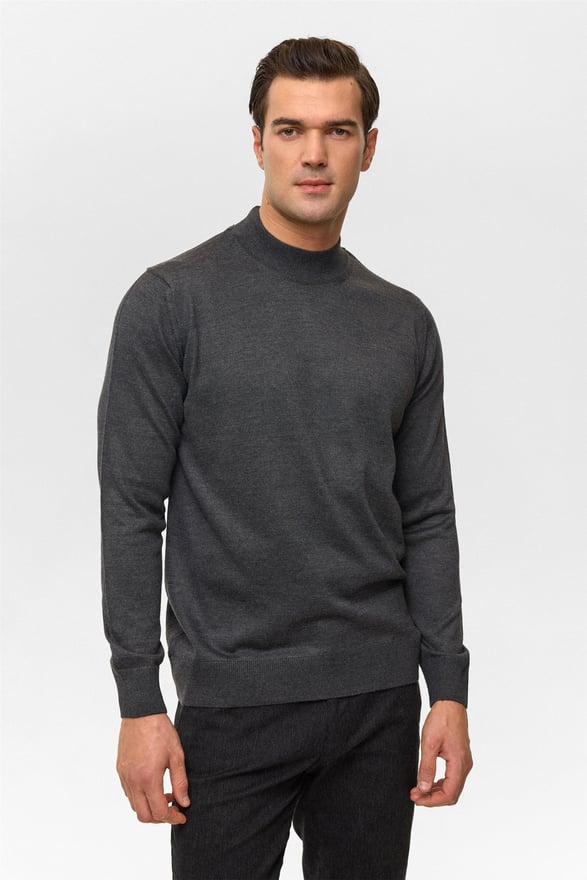 Antrasit Regular Düz Yarım Balıkçı Yaka Triko Kazak