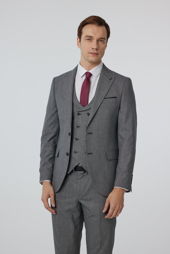 Antrasit Slim Fit Düz Sivri Yaka 6 Drop Yelekli Klasik Takım Elbise