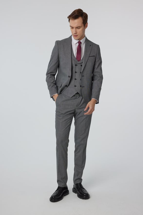 Antrasit Slim Fit Düz Sivri Yaka 6 Drop Yelekli Klasik Takım Elbise