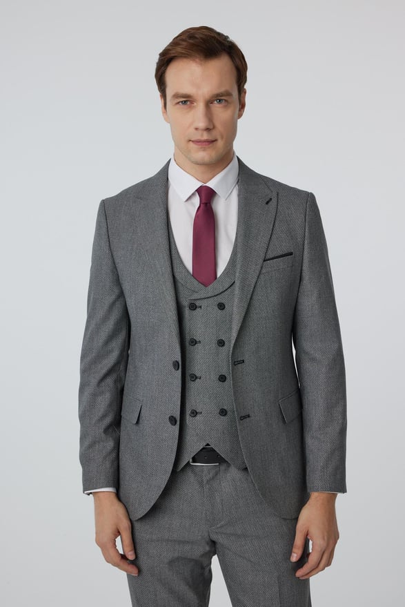 Antrasit Slim Fit Düz Sivri Yaka 6 Drop Yelekli Klasik Takım Elbise