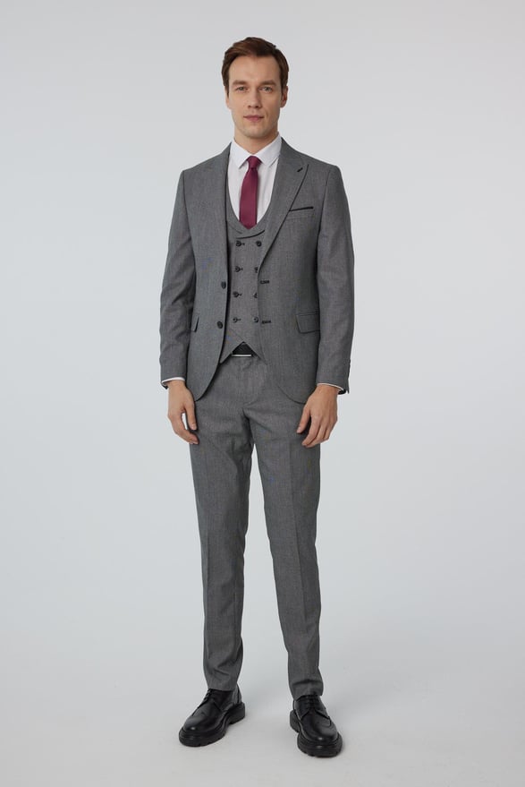 Antrasit Slim Fit Düz Sivri Yaka 6 Drop Yelekli Klasik Takım Elbise