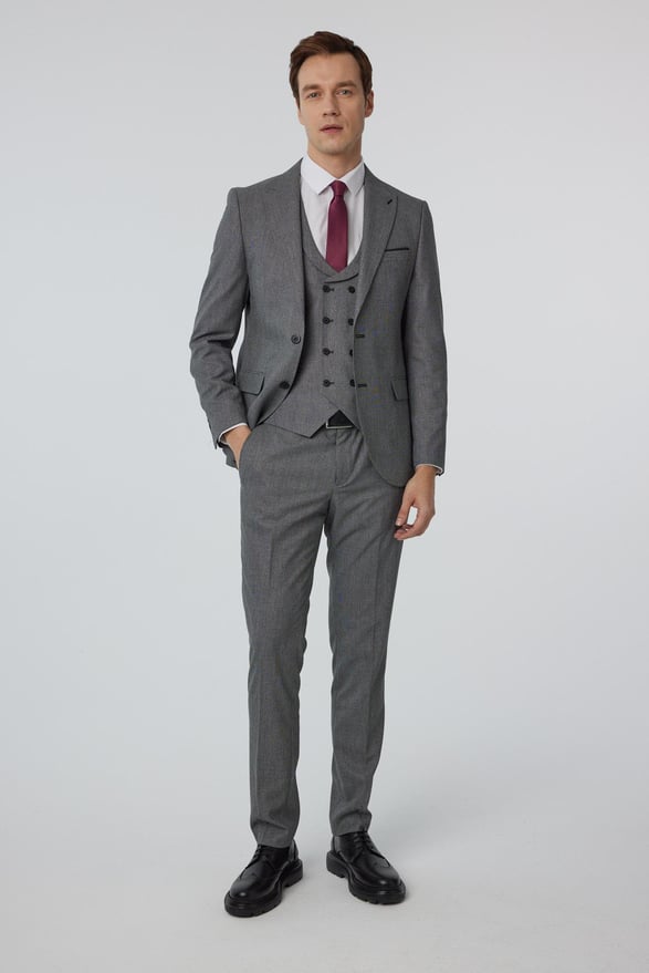 Antrasit Slim Fit Düz Sivri Yaka 6 Drop Yelekli Klasik Takım Elbise