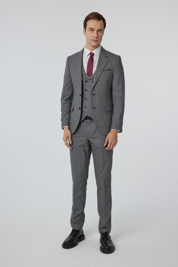 Antrasit Slim Fit Düz Sivri Yaka 6 Drop Yelekli Klasik Takım Elbise