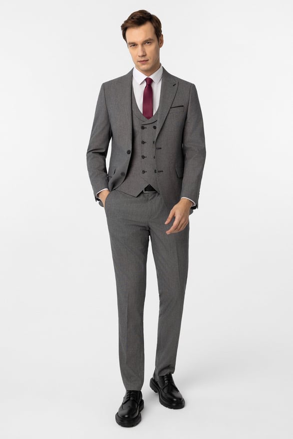 Antrasit Slim Fit Düz Sivri Yaka 6 Drop Yelekli Klasik Takım Elbise