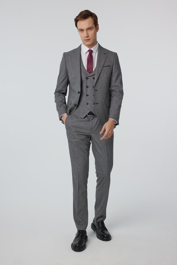 Antrasit Slim Fit Düz Sivri Yaka 6 Drop Yelekli Klasik Takım Elbise