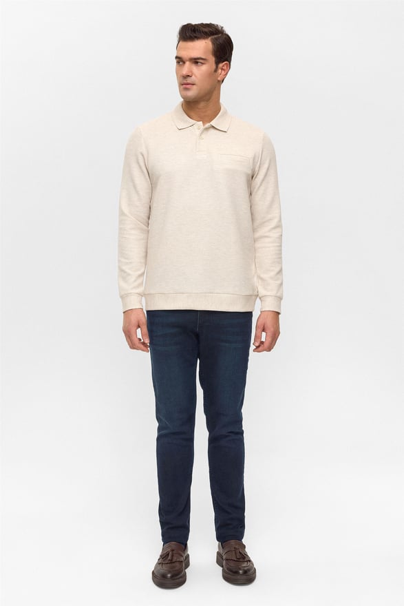 Bej Regular Armürlü Polo Yaka Sweatshirt