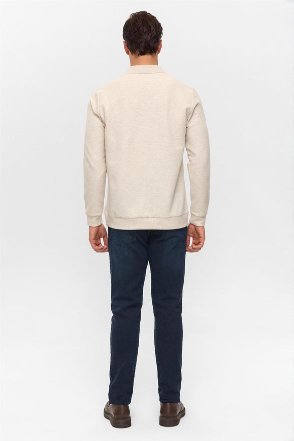 Bej Regular Armürlü Polo Yaka Sweatshirt
