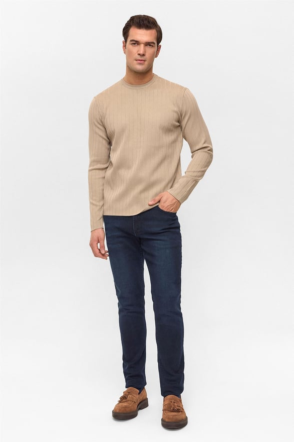 Bej Regular Desenli Bisiklet Yaka Triko Kazak