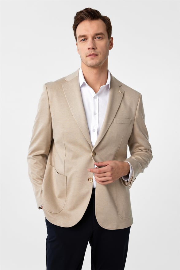 Bej Regular Desenli Mono Yaka 4 Drop Ceket