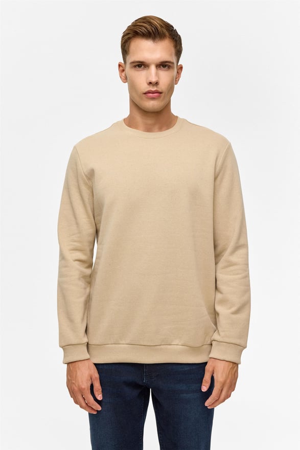 Bej Regular Düz Bisiklet Yaka Sweatshirt