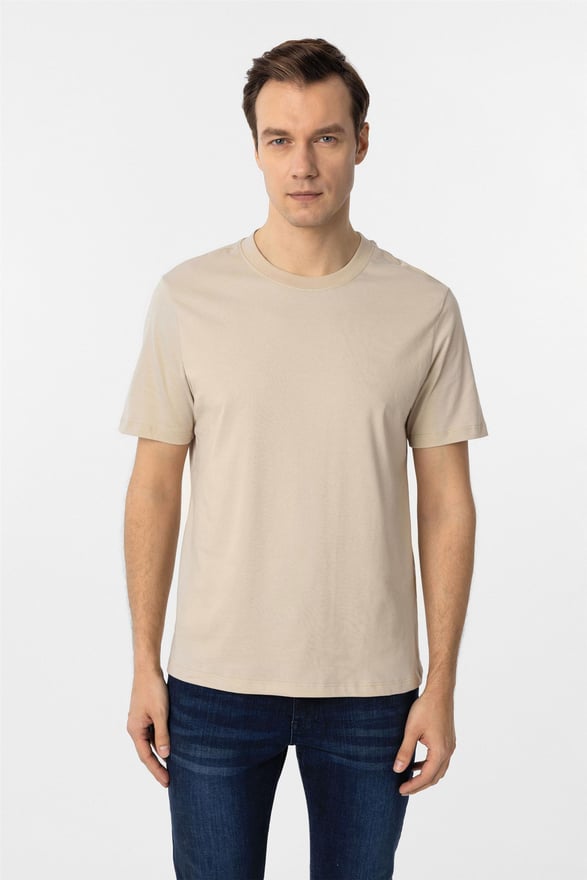 Bej Regular Düz O Yaka Tişört