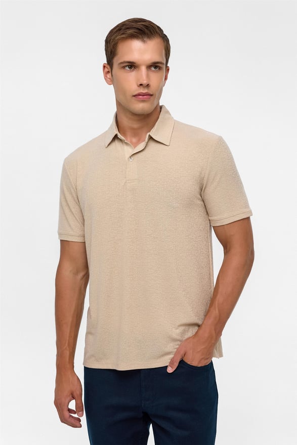 Bej Regular Düz Polo Yaka Tişört