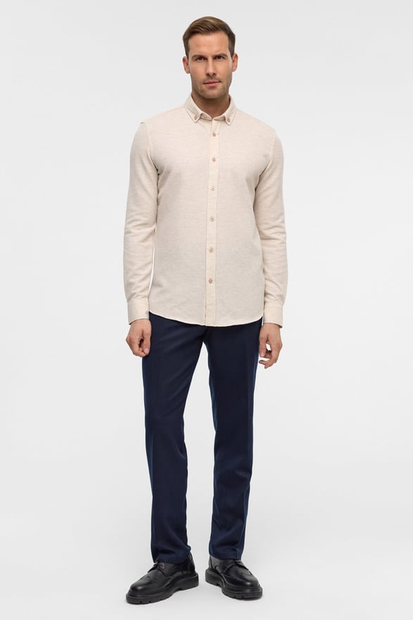 Bej Slim Armürlü Düğmeli Yaka Gömlek