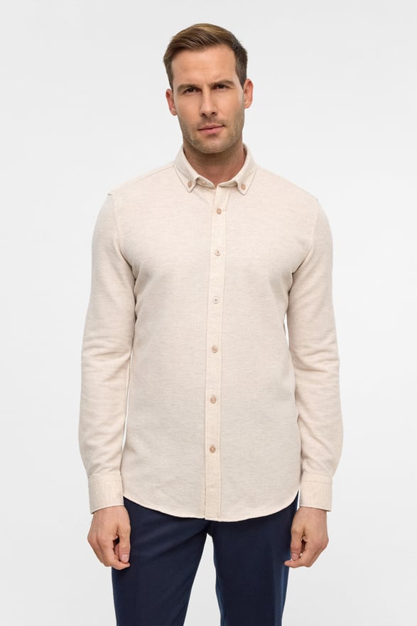 Bej Slim Armürlü Düğmeli Yaka Gömlek