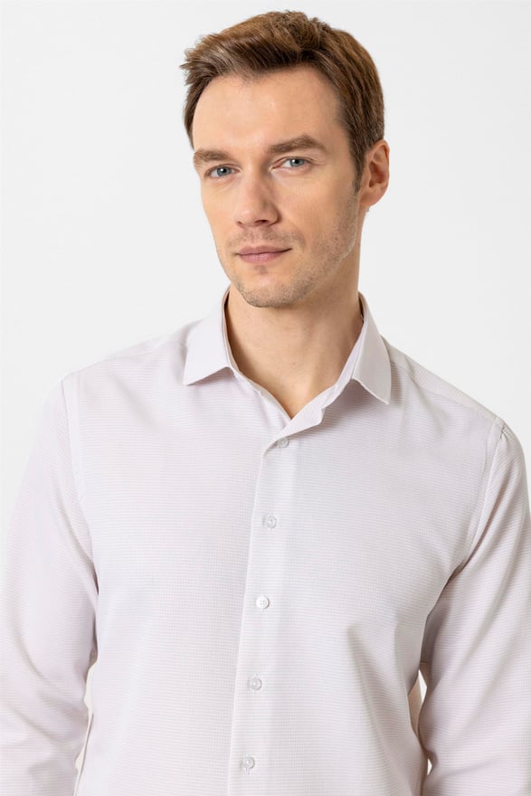 Bej Slim Armürlü Klasik Yaka Gömlek