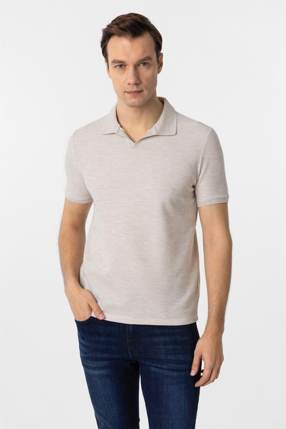 Bej Slim Armürlü Polo Yaka Tişört