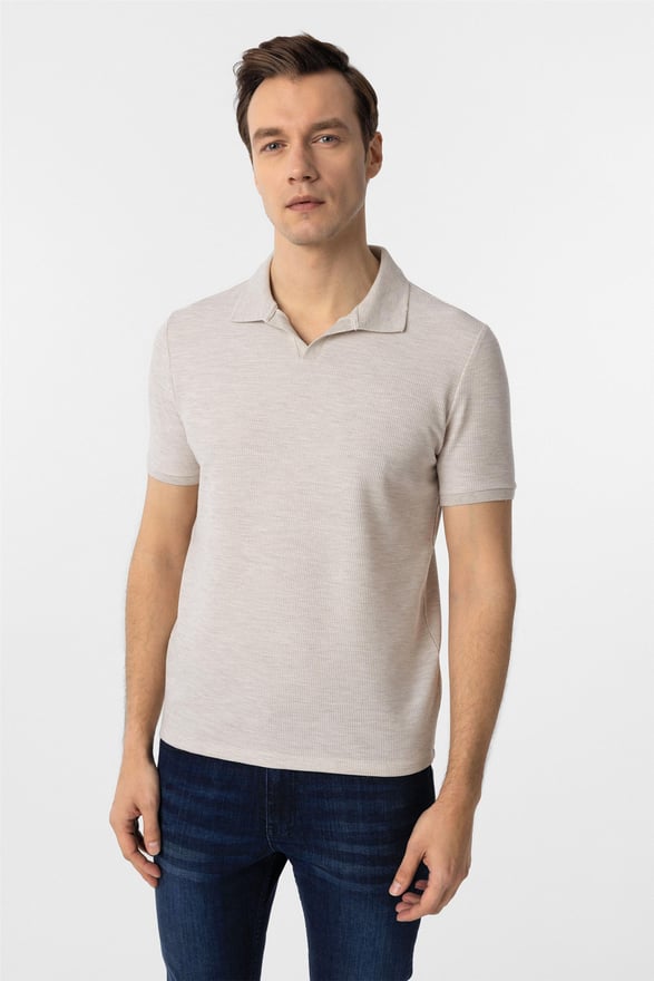 Bej Slim Armürlü Polo Yaka Tişört