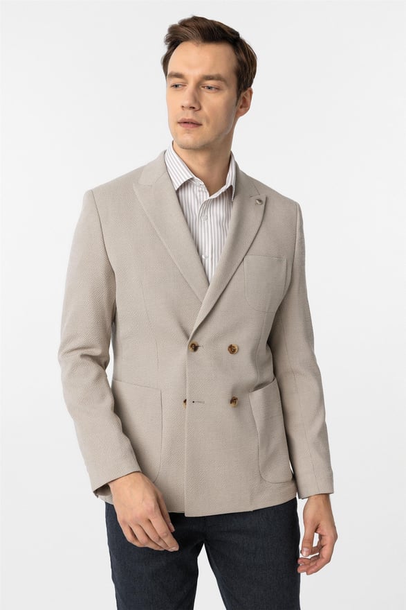 Bej Slim Baskılı Kruveze Yaka 6 Drop Ceket