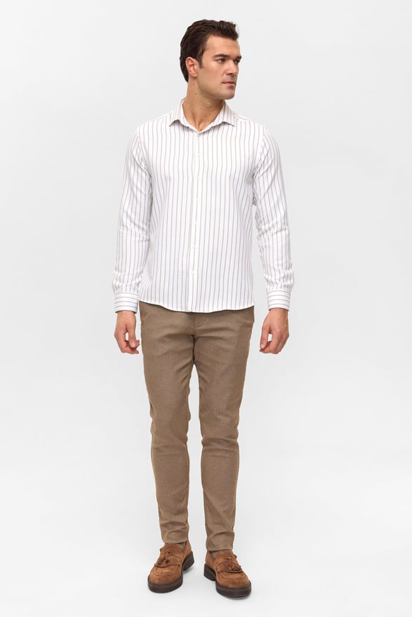 Bej Slim Çizgili Klasik Yaka Gömlek