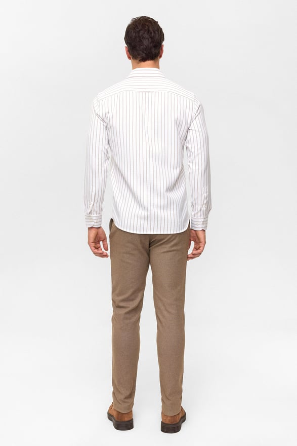 Bej Slim Çizgili Klasik Yaka Gömlek