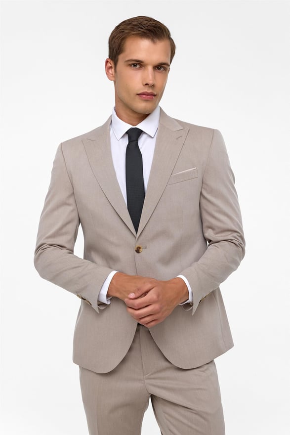 Bej Slim Desenli Sivri Yaka 6 Drop Takım Elbise