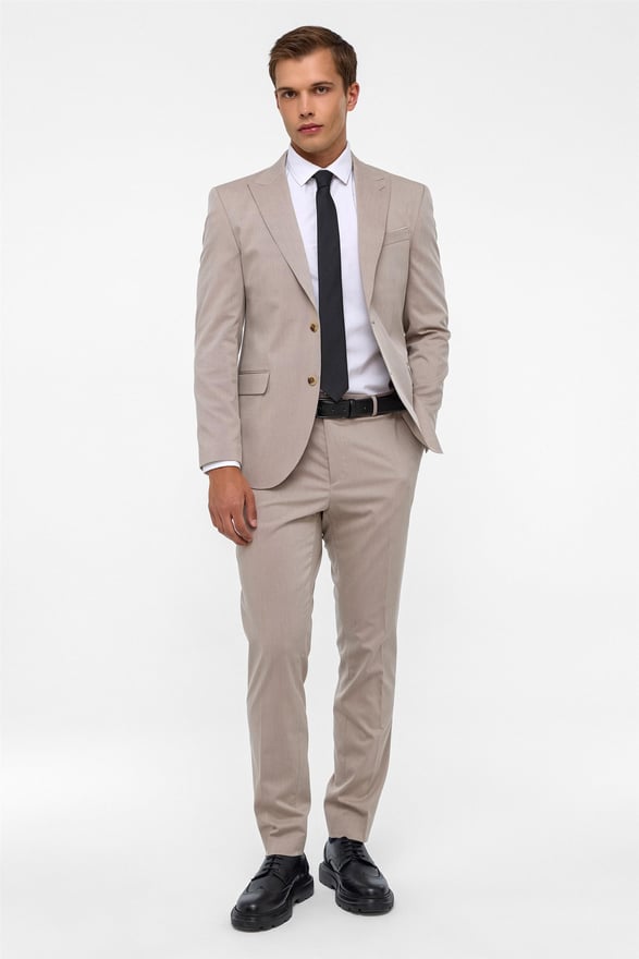 Bej Slim Desenli Sivri Yaka 6 Drop Takım Elbise