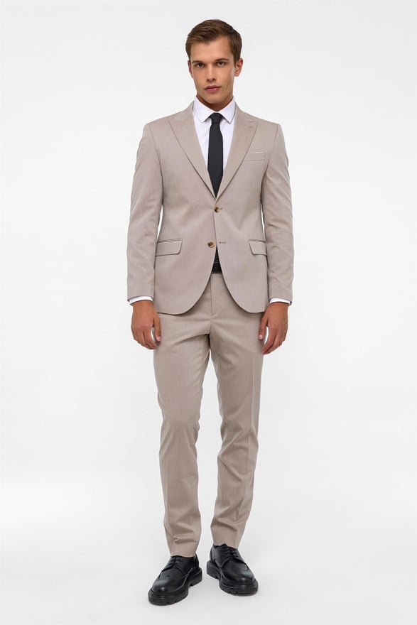 Bej Slim Desenli Sivri Yaka 6 Drop Takım Elbise