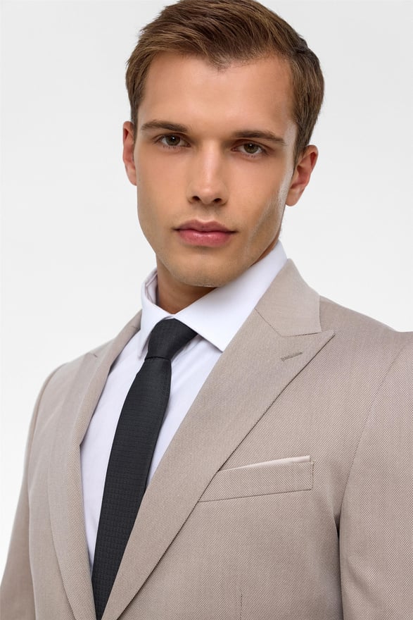 Bej Slim Desenli Sivri Yaka 6 Drop Takım Elbise