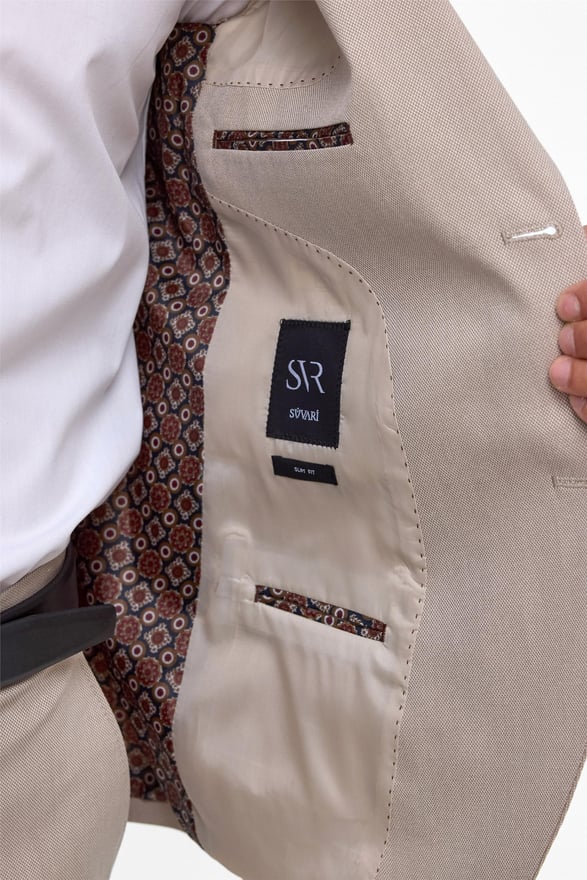 Bej Slim Desenli Sivri Yaka 6 Drop Takım Elbise