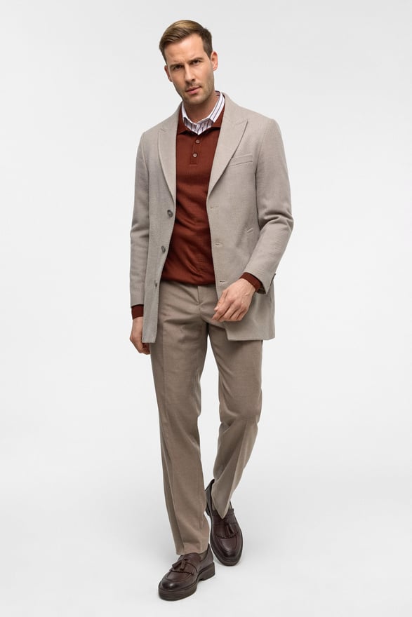 Bej Slim Desenli Sivri Yaka Kaban