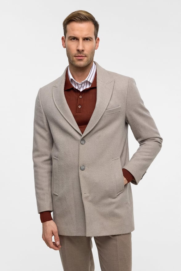 Bej Slim Desenli Sivri Yaka Kaban