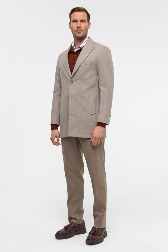 Bej Slim Desenli Sivri Yaka Kaban