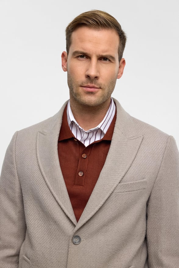 Bej Slim Desenli Sivri Yaka Kaban