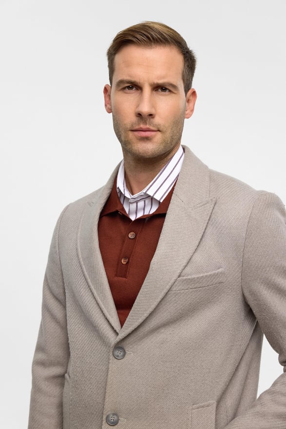 Bej Slim Desenli Sivri Yaka Kaban