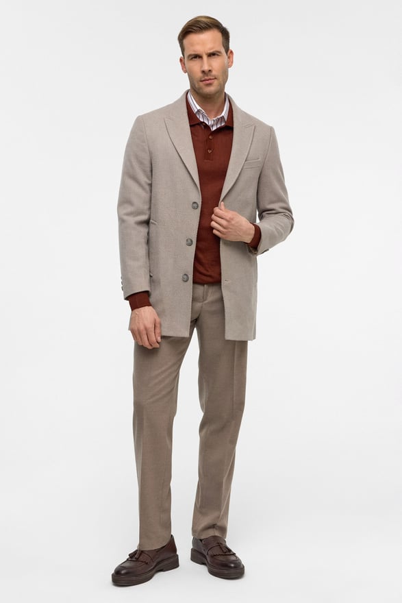 Bej Slim Desenli Sivri Yaka Kaban