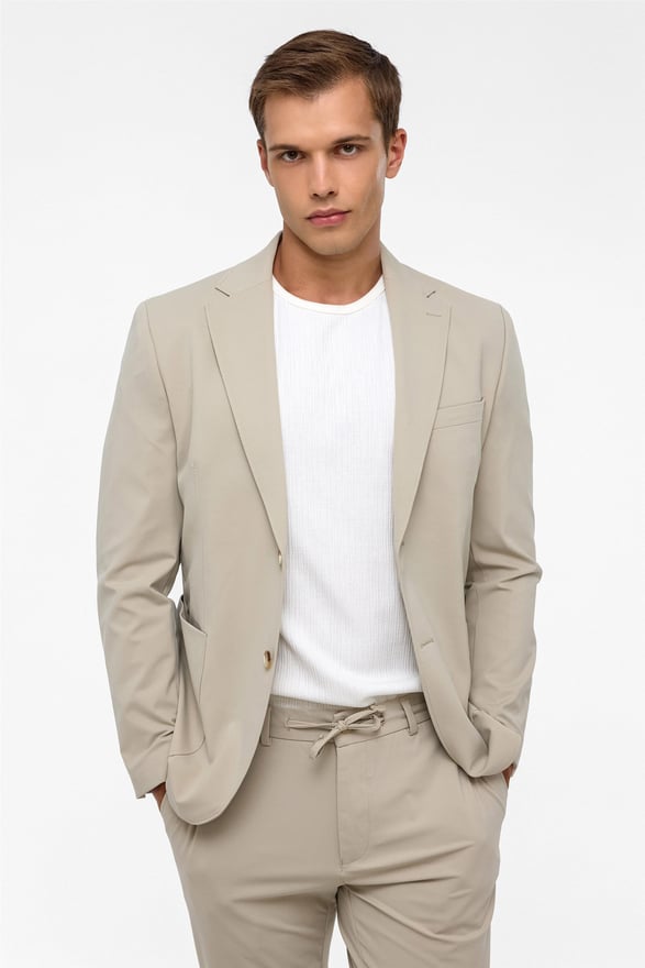 Bej Slim Düz Mono Yaka 6 Drop Jogger Pantolon