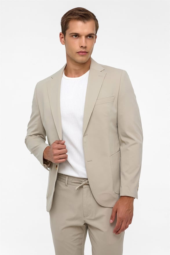 Bej Slim Düz Mono Yaka 6 Drop Jogger Pantolon